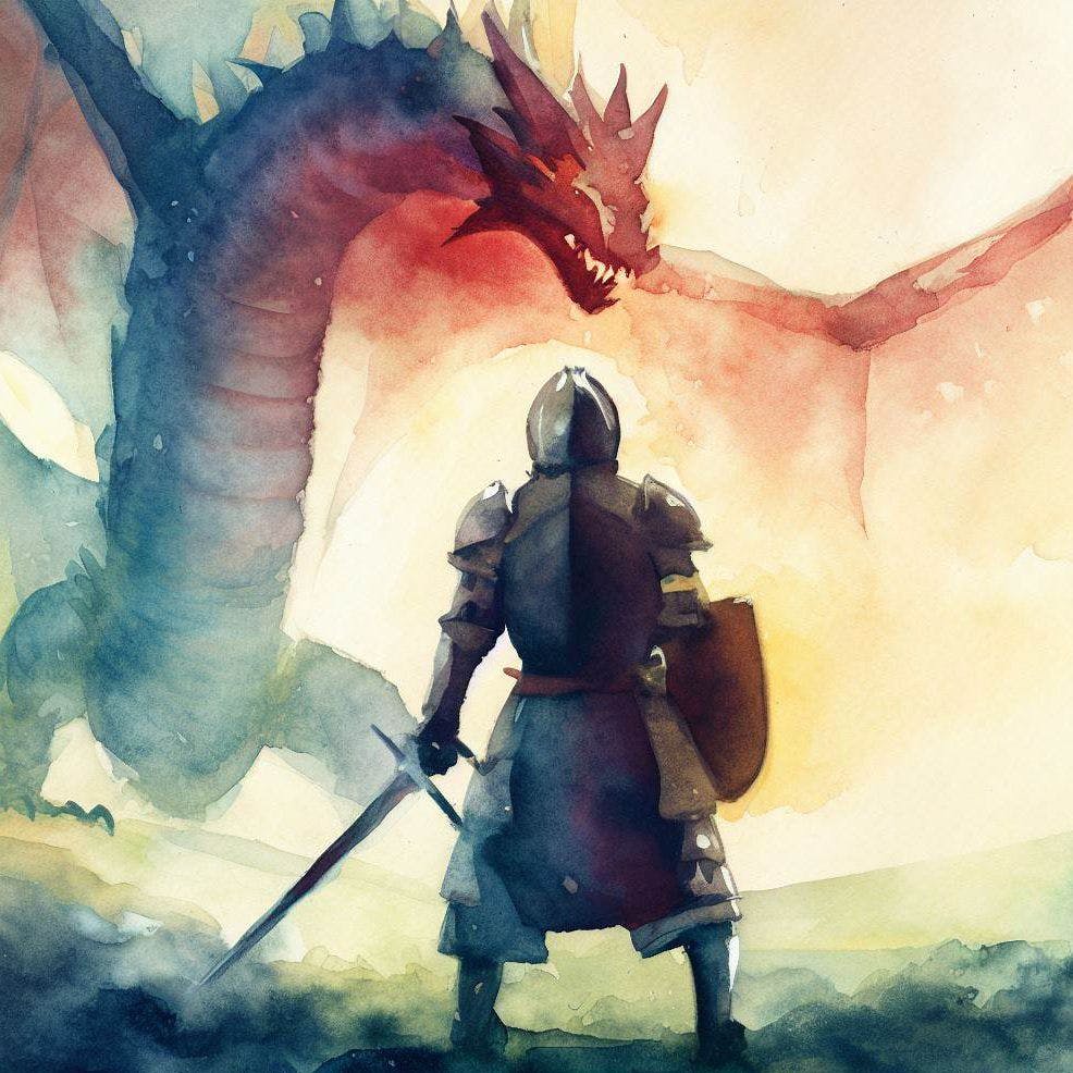 A knight approaching a dragon